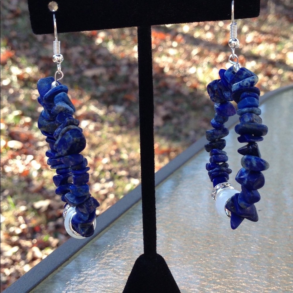 Blue Lapis Lazuli White Howlite Hoop Earrings - Picture 5 of 6